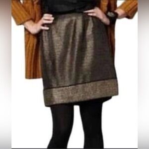 LOFT Black Gold Sheer Metallic Wool Skirt Mesh Overlay Satin Piping Gold Exposed